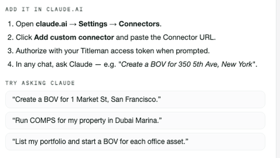 The four steps shown on the MCP page: open claude.ai Settings then Connectors, add a custom connector and paste the Connector URL, authorize with your Titleman access token, then ask Claude in any chat