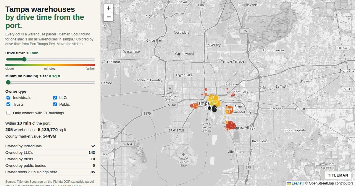 Tampa warehouses by drive time from the port