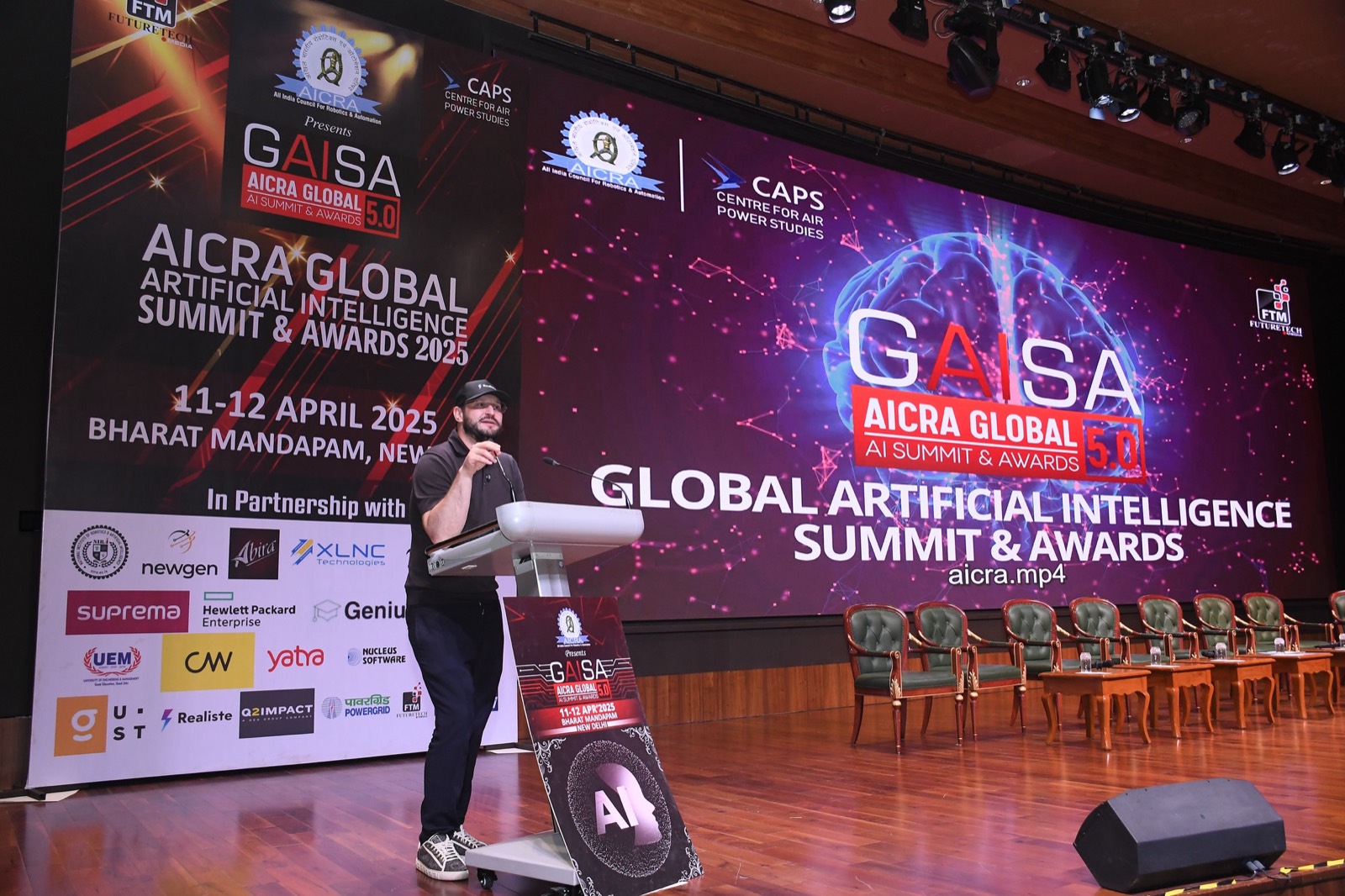 Alex Galt on stage at the AICRA Global AI Summit & Awards, Bharat Mandapam, New Delhi, April 2025
