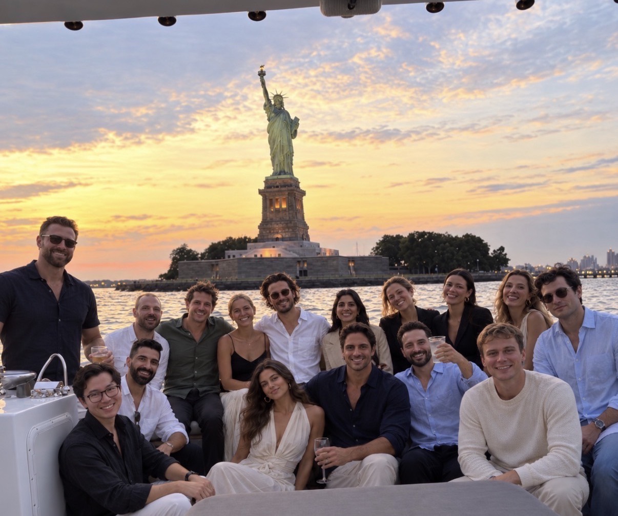 The team on the water at sunset, the Statue of Liberty behind them